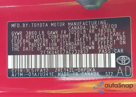 2010 Toyota Matrix from USA, damaged, VIN 2T1KU4EE7AC232837